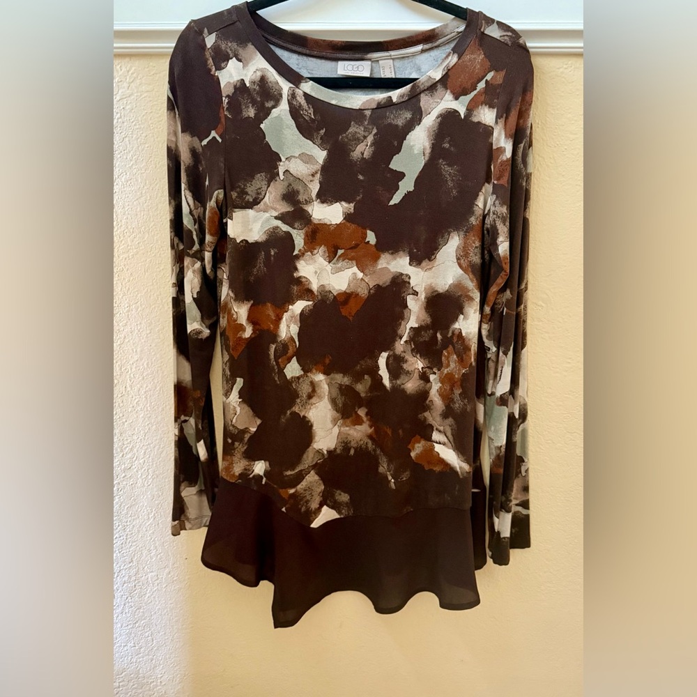 LOGO by Lori Goldstein Brown, Cream & Rust Abstract Long Sleeve Top
